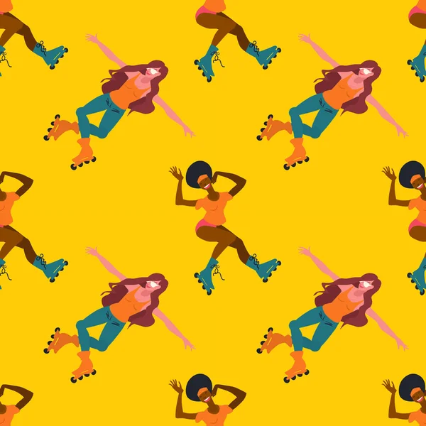 Seamless Pattern Girls Roller Skates Isolated Yellow Background Vector Flat — Stock Vector