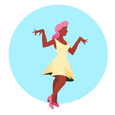 Genç güzel kız beyaz elbise ve pembe saçlı. Vektör çizim. Daire düz stil içinde insanlar. Studio dansları, kadın moda salonu için poster afiş.
