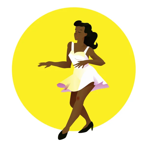 Молодая красивая бразильская девушка в белом платье танцует. Векторная иллюстрация. Люди на жёлтом круговом фоне в плоском стиле. Плакат для студии танцев, магазин женской моды . — стоковый вектор