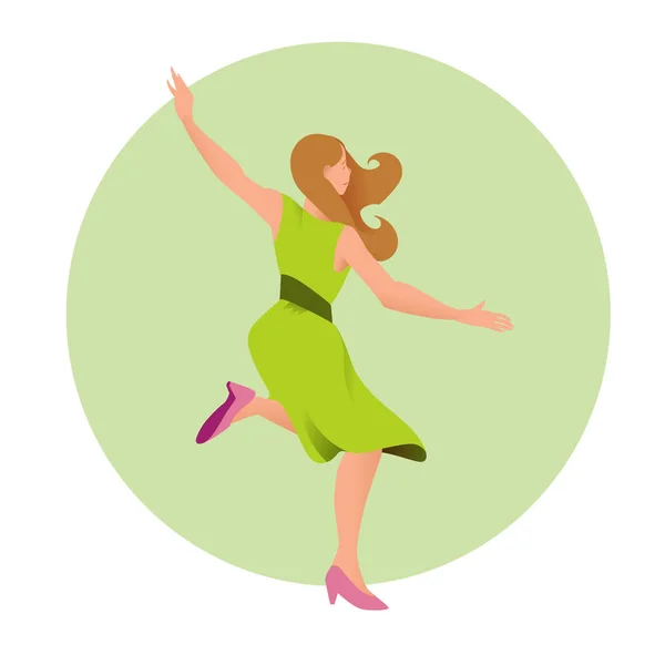 Joven chica hermosa en bailes de vestido verde. Ilustración vectorial. Personas sobre fondo circular en estilo plano. El cartel volante para estudio de danzas, tienda de moda de mujer . — Vector de stock