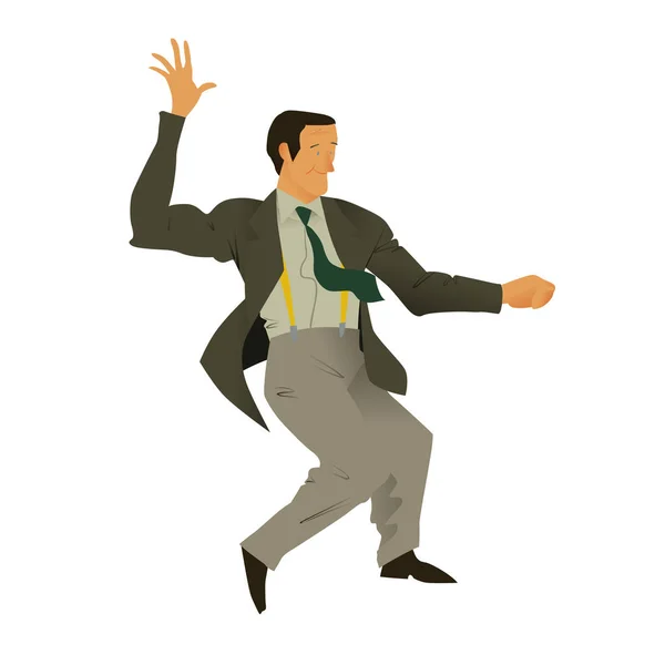 Muž dance lindy hop. Stylový retro muž v šedé kalhoty a bunda, zelená kravata a žluté šle. Expresivní tanečnice za plakát, leták pro studio společenské tance. Vektorové ilustrace v plochý. — Stockový vektor