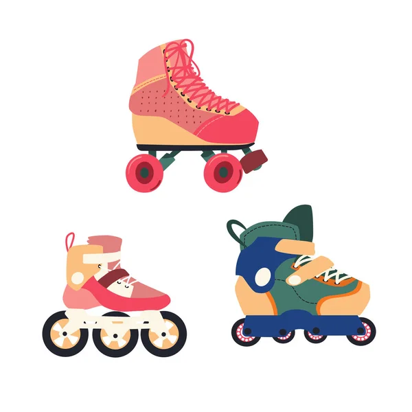 Conjunto de tres patines de rodillos diferentes de estilo plano, ilustración vectorial aislada sobre fondo blanco — Vector de stock