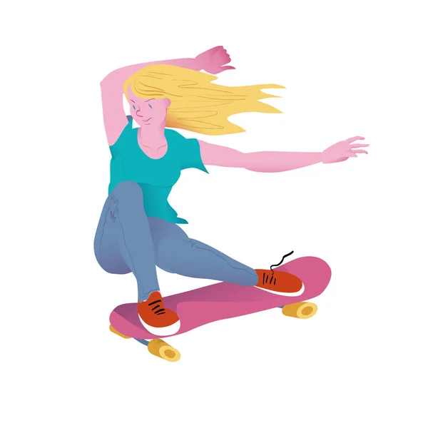 Joven chica hermosa con el pelo dorado en el monopatín rosa. El patinador sentado hace un truco. Folleto o póster para artículos para patinadores deportivos. Ilustración vectorial plana . — Vector de stock
