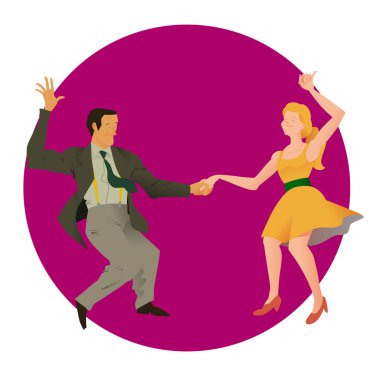 Lindy hop dansçıları. Mor bir daire içinde izole kadın ve erkek. Poster studio dansları için. El ilanı veya reklamcılık unsuru. Sosyal dans düz vektör çizim.