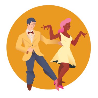 Lindy hop dansçıları. Erkek ve kadın farklı milletlerden dans. Turuncu yuvarlak zemin üzerine izole insanlar. Poster studio dansları için. İnsanlar düz vektör çizim.