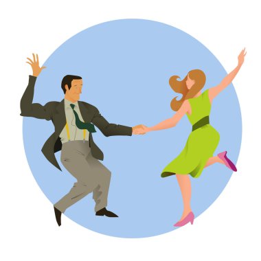 Lindy hop dansçıları. Mavi bir daire içinde izole kadın ve erkek. Poster studio dansları için. El ilanı veya sosyal dans için reklamcılık unsuru. İnsanlar düz vektör çizim.