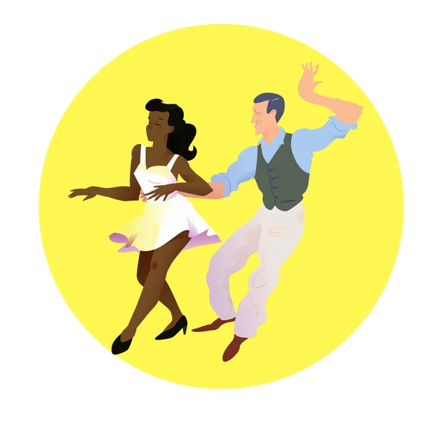 Танцоры Линди Хоп. Мужчина и женщина разных национальностей танцуют. Плакат для студии танцев. Флайер или элемент рекламы. Плоская векторная иллюстрация людей . — стоковый вектор