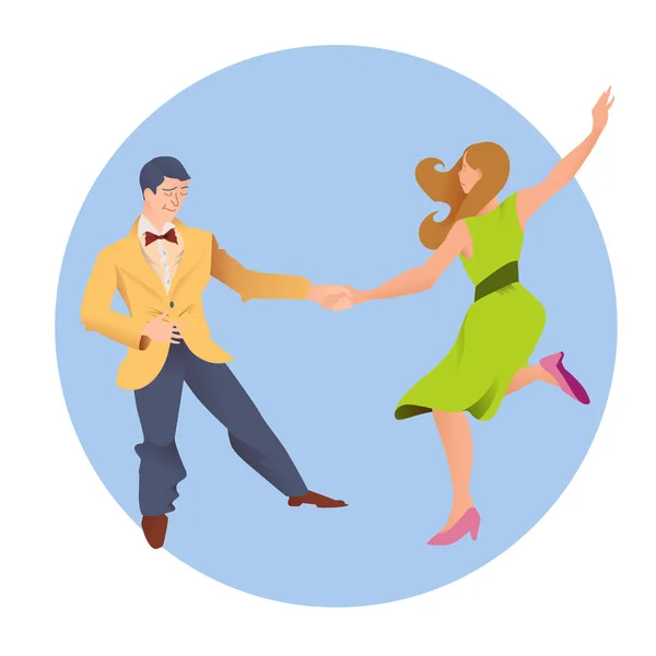 Танцоры Линди Хоп. Мужчина и женщина изолированы на голубом круговом фоне. Плакат для студии танцев. Флаер или элемент рекламы социального танца. Плоская векторная иллюстрация людей . — стоковый вектор