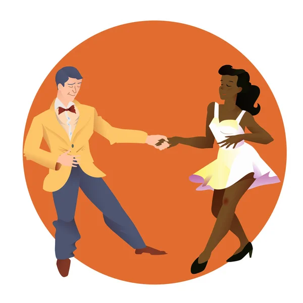 Танцоры Линди Хоп. Мужчина и женщина разных национальностей танцуют. Люди изолированы на оранжевом круговом фоне. Плакат для студии танцев. Плоская векторная иллюстрация людей . — стоковый вектор