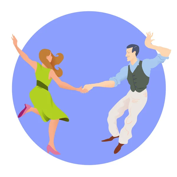 Ballerini di Lindy hop. L'uomo e la donna isolati su uno sfondo blu circolare. Poster per lo studio di danza. Volantino o elemento di pubblicità per la danza sociale. Illustrazione vettoriale piatta delle persone . — Vettoriale Stock