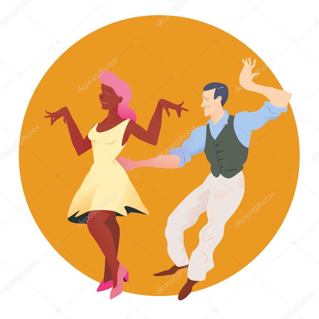 Dancers of Lindy hop. The man and the woman of different nationalities dance. People isolated on orange circular background. Poster for studio of dances. Flat vector illustration of social dance.