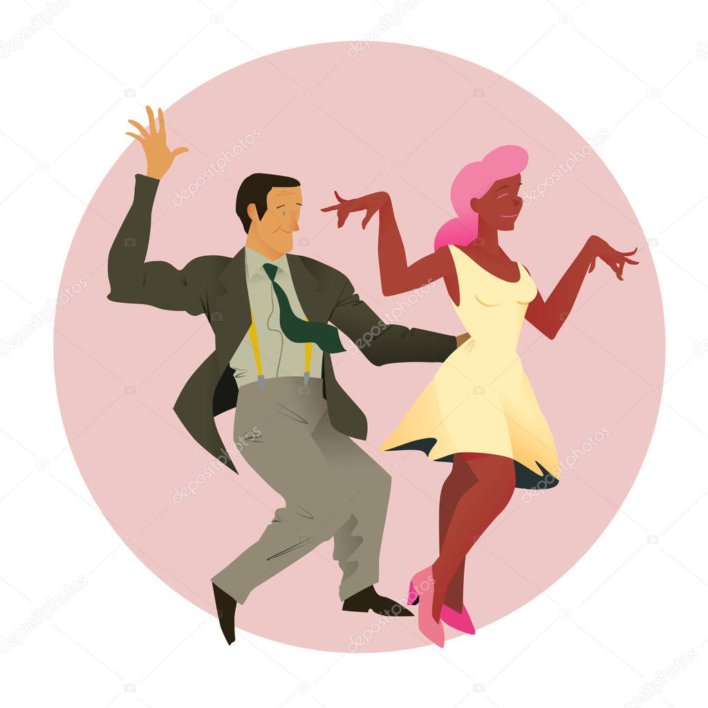 Dancers of Lindy hop. The man and the woman of different nationalities dance. People isolated on pink circular background. Poster for studio of dances. Flat vector illustration of social dance.