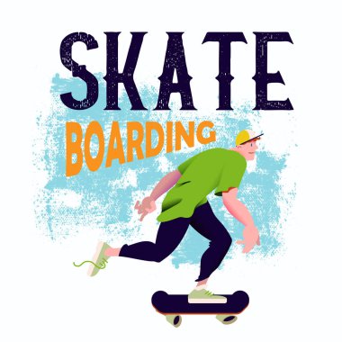 Kaykay. Bir kaykay üzerinde sürme adam. Havalı ve metin Skateboarding. Grunge arka plan ile düz stilde banner. Vektör çizim.