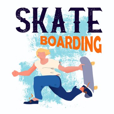 Kaykay. Kaykay üzerinde altın saçlı genç adam bir hile olarak bir atlama yok. Havalı ve metin Skateboarding. Grunge arka plan ile düz stilde banner. Vektör çizim.