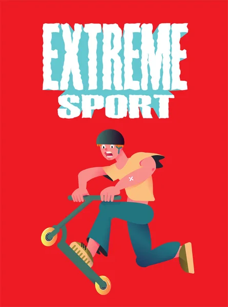 Deporte extremo. El tipo que monta en scooter. Banner de estilo plano sobre fondo rojo y texto grunge. Ilustración vectorial . — Vector de stock