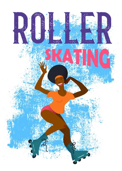 La chica negra en patines sobre fondo grunge azul. La joven deportista hermosa en el movimiento. Banner o póster en ilustración vectorial de estilo plano y texto "Patinaje sobre ruedas ". — Vector de stock