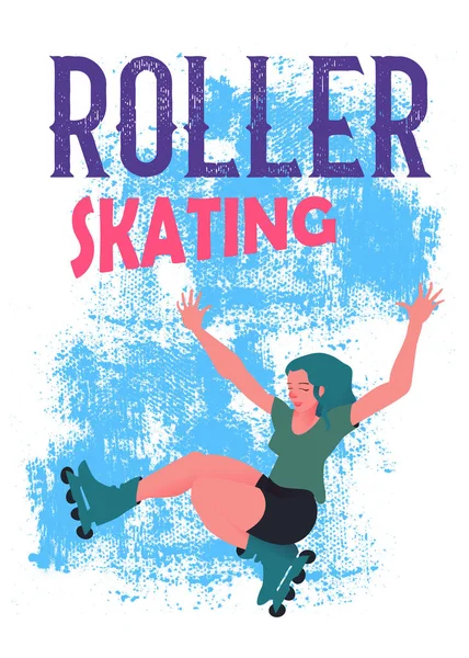 A menina com cabelo azul em patins em fundo grunge azul. A jovem e bela desportista do movimento. Banner ou cartaz em estilo plano ilustração vetorial e texto "Roller Skating ". — Vetor de Stock