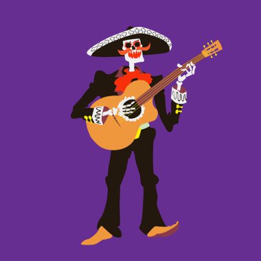 El mariachi iskelet müzisyeni. Gitarist karakter izole. Dia de los muertos veya cadılar bayramı vektör illüstrasyon. Tatil için kart, poster veya ürün öğesi.