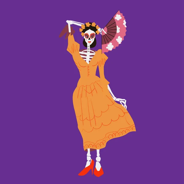 La Catrina. Caractère squelette avec ventilateur. Dia de los muertos ou illustration vectorielle isolée d'Halloween. Élément pour carte, affiche ou produit pour les vacances . — Image vectorielle