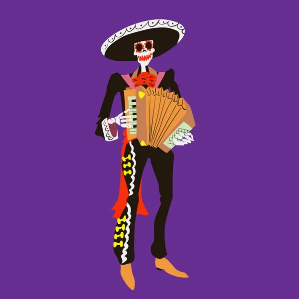 El mariachi skeleton musician. haracter with accordion isolated. Dia de los muertos or halloween vector illustration. Element for card, poster, or product for holiday. — Stock Vector