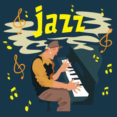 Parlak tebrik kartı. Müzisyenle poster. Adam piyano çalar. Caz klavyecisi. Vektör çizimi.