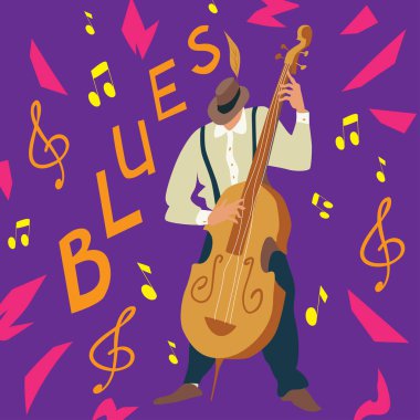 Parlak tebrik kartı. Blues müziğinin posteri. Kontrbas oyuncusu. Adam Kontrbas çalıyor. Vektör çizimi.