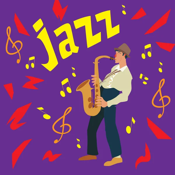 Tarjeta de felicitación brillante. Cartel de jazz musical. Saxofonista. El hombre toca un saxofón. Ilustración vectorial . — Archivo Imágenes Vectoriales