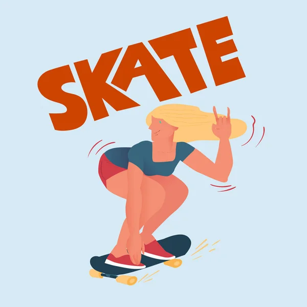 Hermosa chica en monopatín. Una chica guay hace un truco. Cartel para deportistas skateboarders con texto 'Skate'. Ilustración vectorial . — Archivo Imágenes Vectoriales