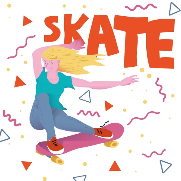 Hermosa chica con el pelo dorado en el monopatín rosa. Una chica guay hace un truco. Cartel para deportistas skateboarders con texto 'Skate'. Ilustración vectorial . — Vector de stock