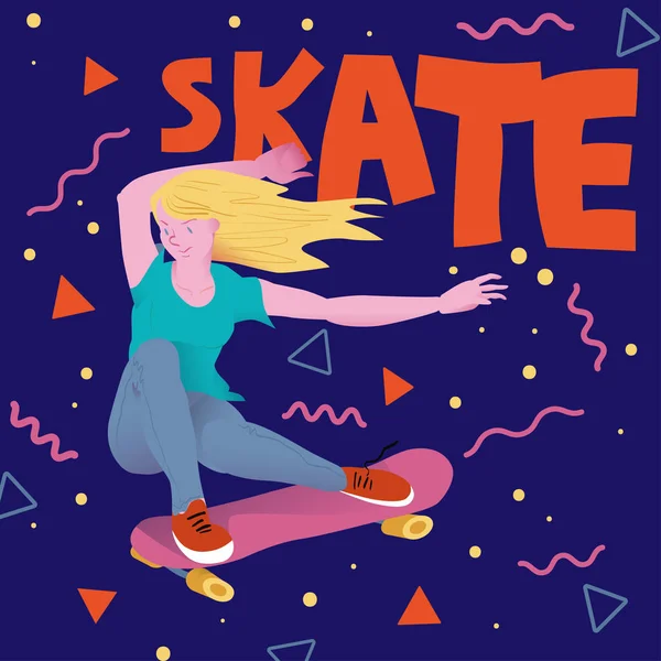 Belle Fille Aux Cheveux Dorés Sur Skateboard Rose Cool Poussin — Image vectorielle