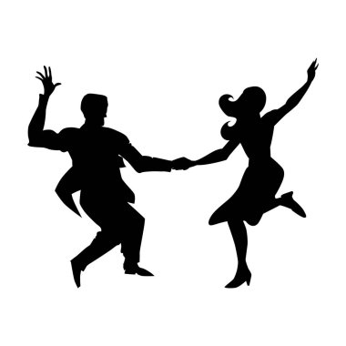 Erkek ve kadın bir salıncak dans silueti, lindy hop, sosyal danslar. Beyaz arka planda yalıtılmış siyah beyaz görüntü. Vektör çizimi.