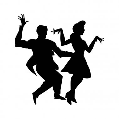 Erkek ve kadın bir salıncak dans silueti, lindy hop, sosyal danslar. Beyaz arka planda yalıtılmış siyah beyaz görüntü. Vektör çizimi.