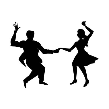 Erkek ve kadın bir salıncak dans silueti, lindy hop, sosyal danslar. Beyaz arka planda yalıtılmış siyah beyaz görüntü. Vektör çizimi.