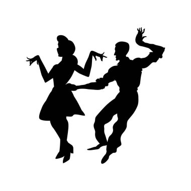 Erkek ve kadın bir salıncak dans silueti, lindy hop, sosyal danslar. Beyaz arka planda yalıtılmış siyah beyaz görüntü. Vektör çizimi.