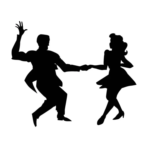 Silhouet van man en vrouw dansen een schommel, Lindy hop, sociale dansen. De zwart-wit afbeelding geïsoleerd op een witte achtergrond. Vector illustratie. — Stockvector