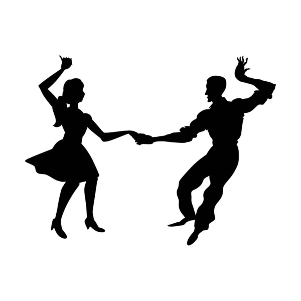 Silhouet van man en vrouw dansen een schommel, Lindy hop, sociale dansen. De zwart-wit afbeelding geïsoleerd op een witte achtergrond. Vector illustratie. — Stockvector