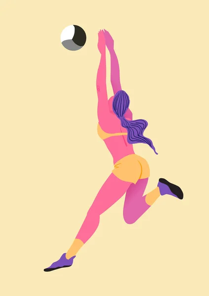 Beachvolleybal Meisje Bikini Geeft Een Bal Terug Vrouwelijke Figuur Beeld — Stockvector