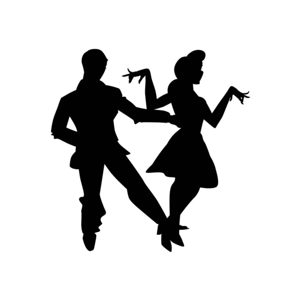 Silueta de hombre y mujer bailando swing, lindy hop, bailes sociales. La imagen en blanco y negro aislada sobre un fondo blanco. Ilustración vectorial . — Vector de stock