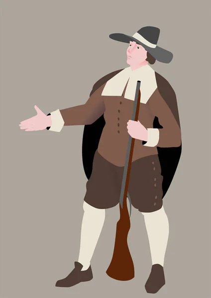 Le pèlerin américain, illustration vectorielle par Thanksgiving Day. L'homme en costume traditionnel et armé retarde la main pour une poignée de main. Objet isolé . — Image vectorielle