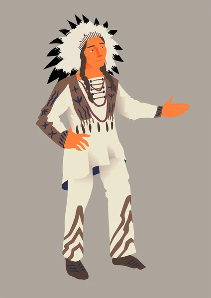 O índio, ilustração vetorial por Dia de Ação de Graças. O aborígene da América num fato tradicional. Objeto isolado . — Vetor de Stock