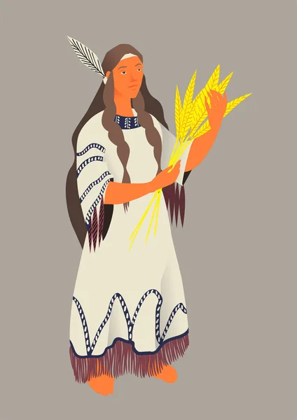 The Indian, vector illustration by Thanksgiving Day. Woman the aboriginal of America in  traditional suit with a bunch of cereals in hands. Isolated object. — Stock Vector