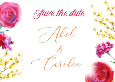 Çiçek düğün Davetiye, tarih, sevgililer günü kartı kaydedin. Suluboya el çizilmiş illüstrasyon. Kırmızı şakayık, karanfil ve forsythia dalı.