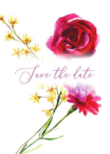 Цветочная Свадьба Приглашение Сохранить Дату Валентинки День Ручной Рисунок Акварелью — стоковое фото