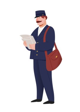 Postacı. Beyaz arka planda yalıtılmış karakter çizimi. Düz bir tarzda kişi vektör illüstrasyonu.