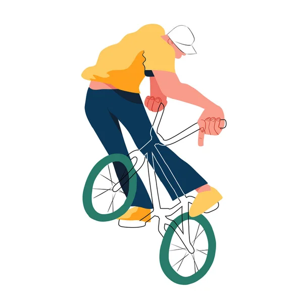家伙在Bmx 不成比例的平面与轮廓矢量插图 孤立的过度夸张的自行车在白色背景 人物人现代设计 — 图库矢量图片