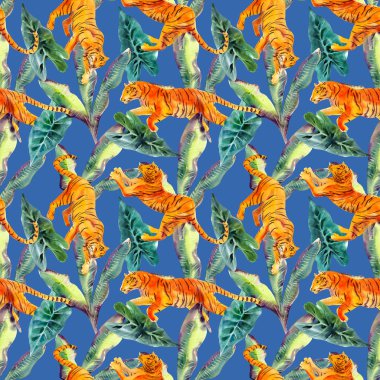 Kaplanlar ve tropikal bitkiler mavi arka plan üzerinde izole ile suluboya dikişsiz desen. Trendy tarzı.