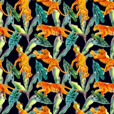 Kaplanlar ve siyah arka plan üzerinde izole tropikal bitkiler ile suluboya dikişsiz desen. Trendy tarzı.