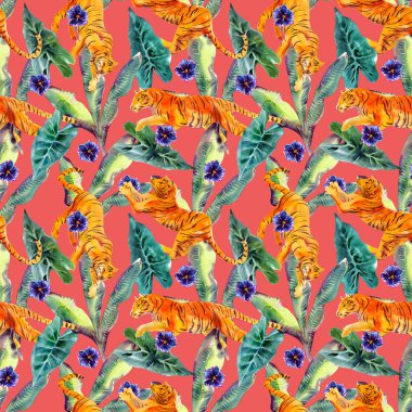 Kaplanlar, tropikal yaprakları ve çiçekleri ile suluboya dikişsiz desen. Trendy tarzı.