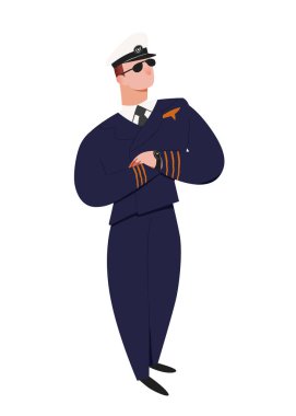 Profesyonel pilot. Ayakta duran, şapkalı ve üniformalı bir adam uçak pilotu, elleri göğsünde çapraz duruyor. Karakter çizimi beyaz arkaplanda izole edildi. İnsanlar düz bir şekilde illüstrasyon oluştururlar.