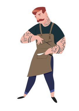 Berber. Önlüklü, makaslı ve jileti açık bir adam. Kotlu ve tişörtlü, bıyıklı, dövmeli havalı bir kuaför. Modern işçi. Karakter çizimi beyaz arkaplanda izole edildi. İnsanlar düz bir şekilde illüstrasyon oluştururlar.